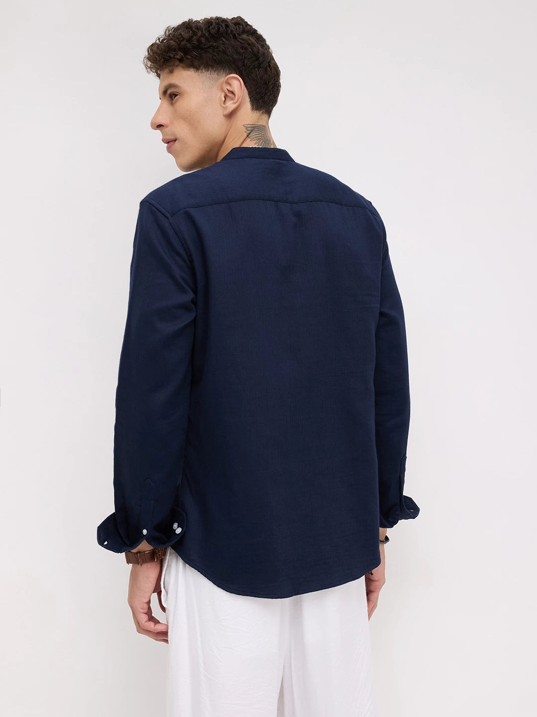 Navy Herringbone Textured Mandarin Shirt