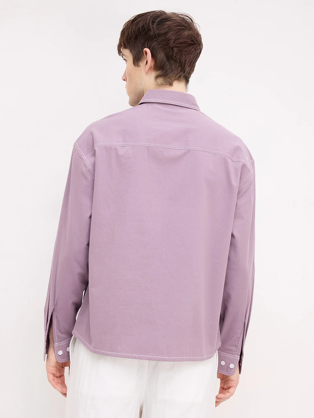 Rich French Lavender Contrast Stitch Boxy Fit Crop Cord Shirt