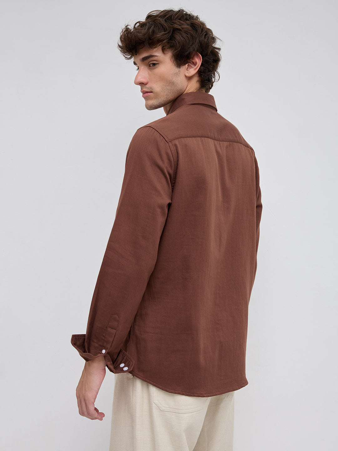 Warm Brown Herringbone Textured Button-Down Shirt