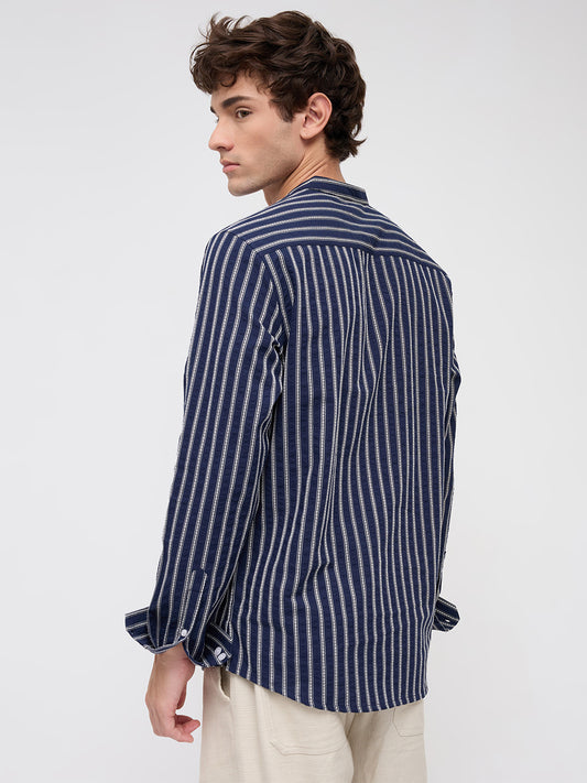 Luxe Coastal Navy Motif Embroidered Striped Kurta