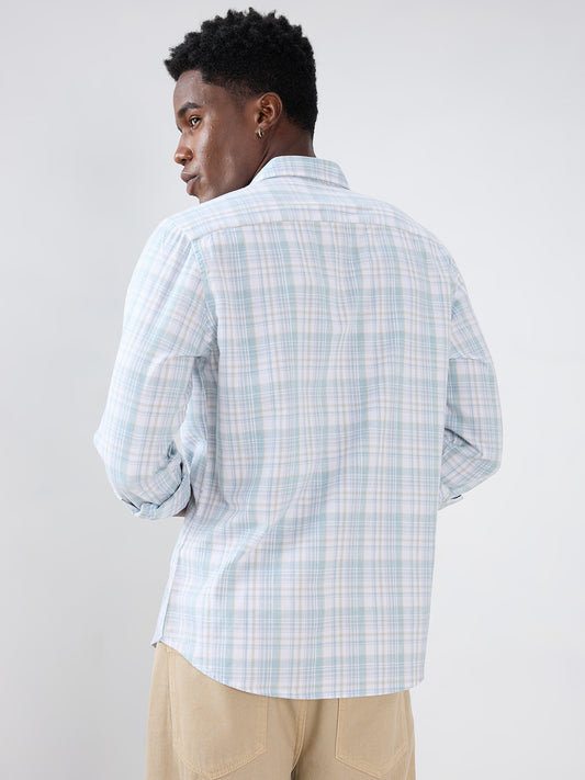 Washed Sage Green Fine Line Grid Checks Shirt