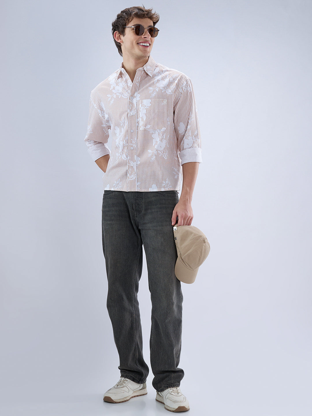 Brown & White Contemporary Floral Boxy Fit Crop Shirt