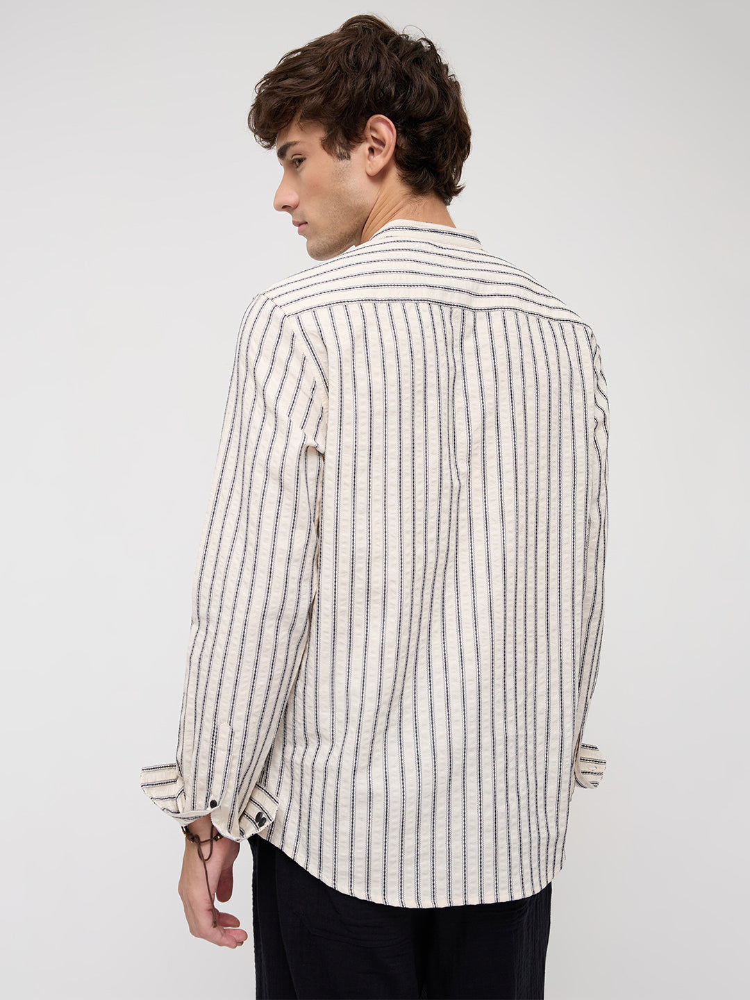 Coastal Ivory Motif Striped Seersucker Embroidered Kurta