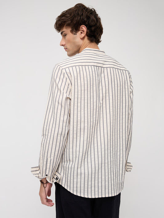 Coastal Ivory Motif Striped Seersucker Embroidered Kurta