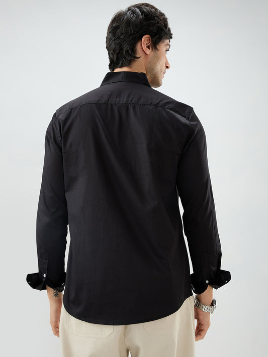 Jet Black Satin Button-Down Collar Luxe Shirt