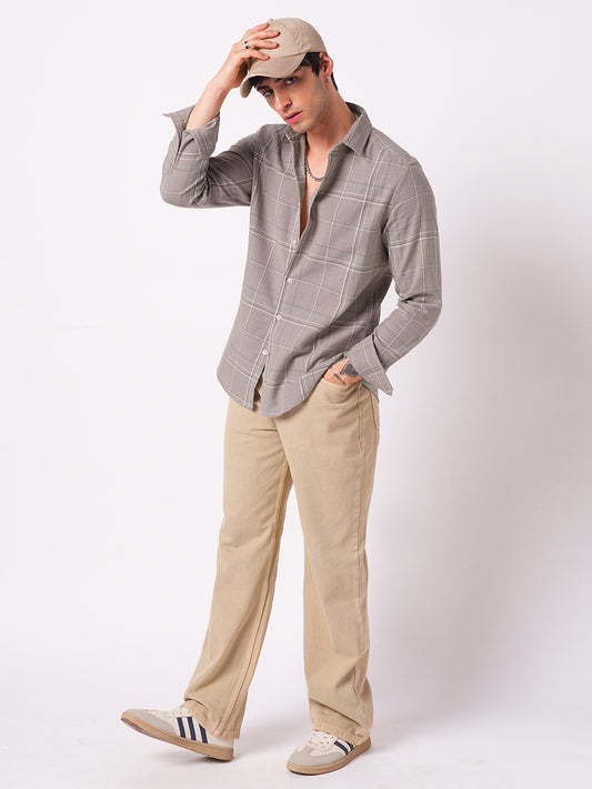 Elegant Taupe Brown Windowpane Checks Shirt