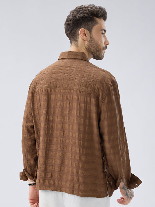 Brown Tonal Textured Side Slit Button Boxy Fit Crop Shirt