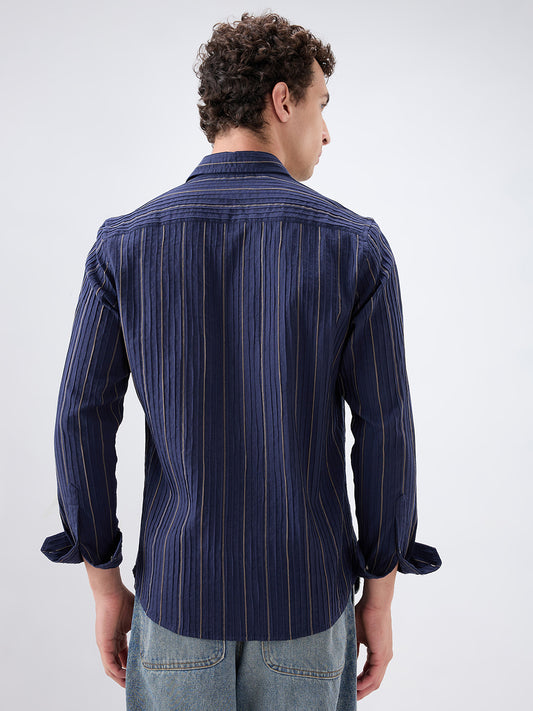 Intricate Navy & Olive Raised Striped Shirt