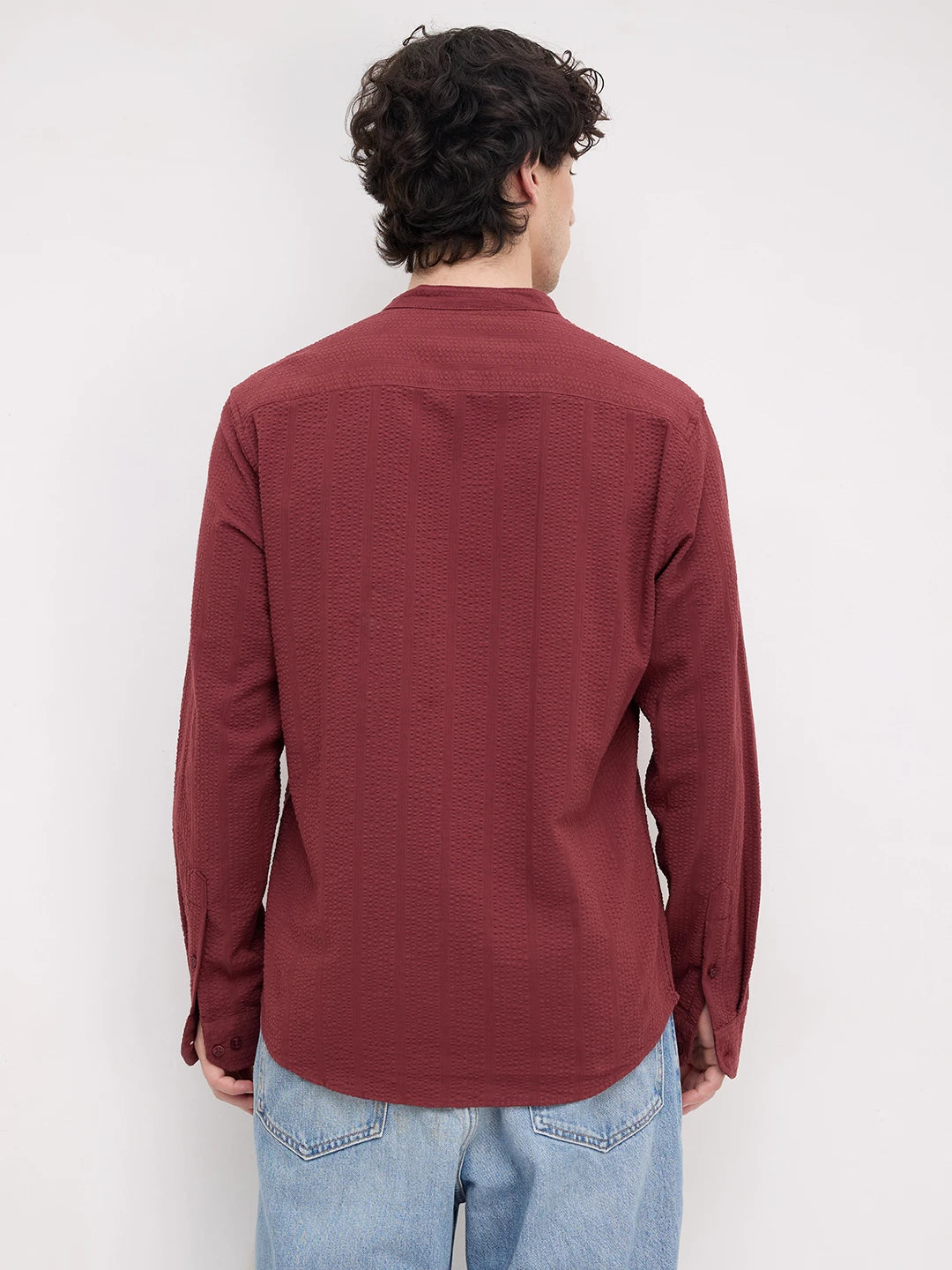 Brick Red Seersucker Striped Mandarin Shirt