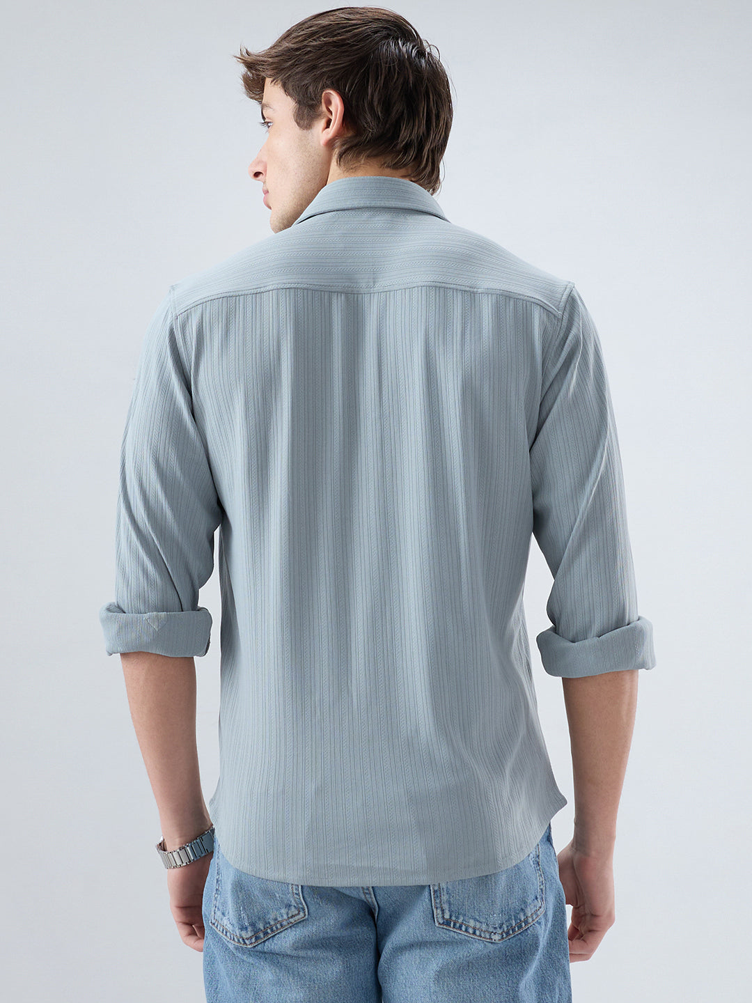 Classic Grey Fine Vertical Ribbed Knitted Shirt