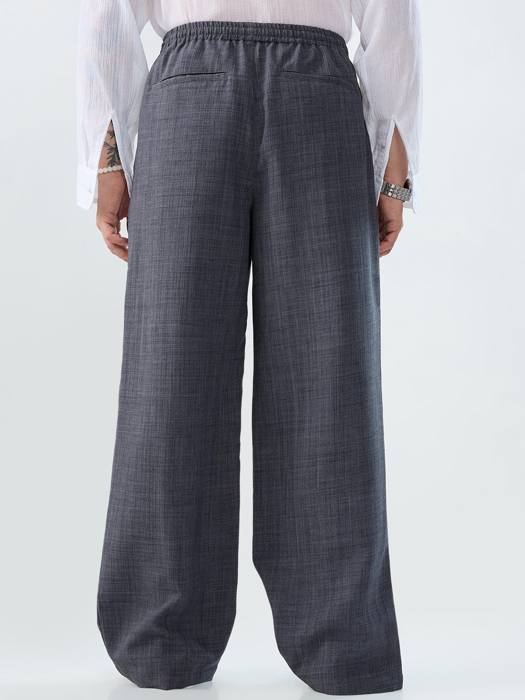 Charcoal Grey Slub Textured Wide-Leg Trousers