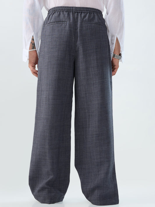 Charcoal Grey Slub Textured Wide-Leg Trousers
