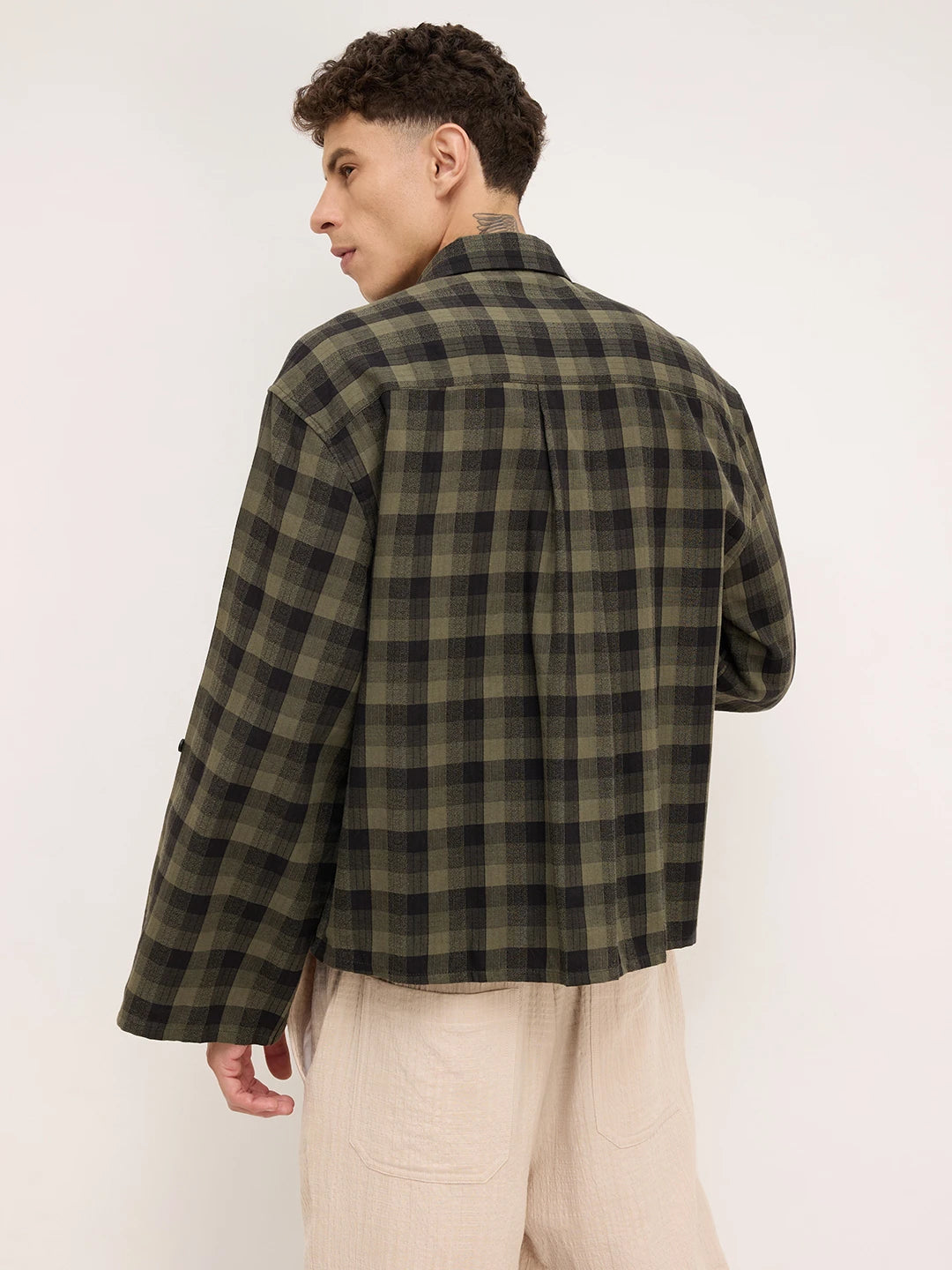 Luxe Green & Black Square Checks Cuffless Oversized Crop Shirt