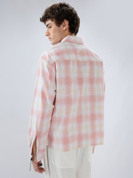 Peachy Pink Textured Checks Weave Linen Blend Boxy Fit Crop Shirt