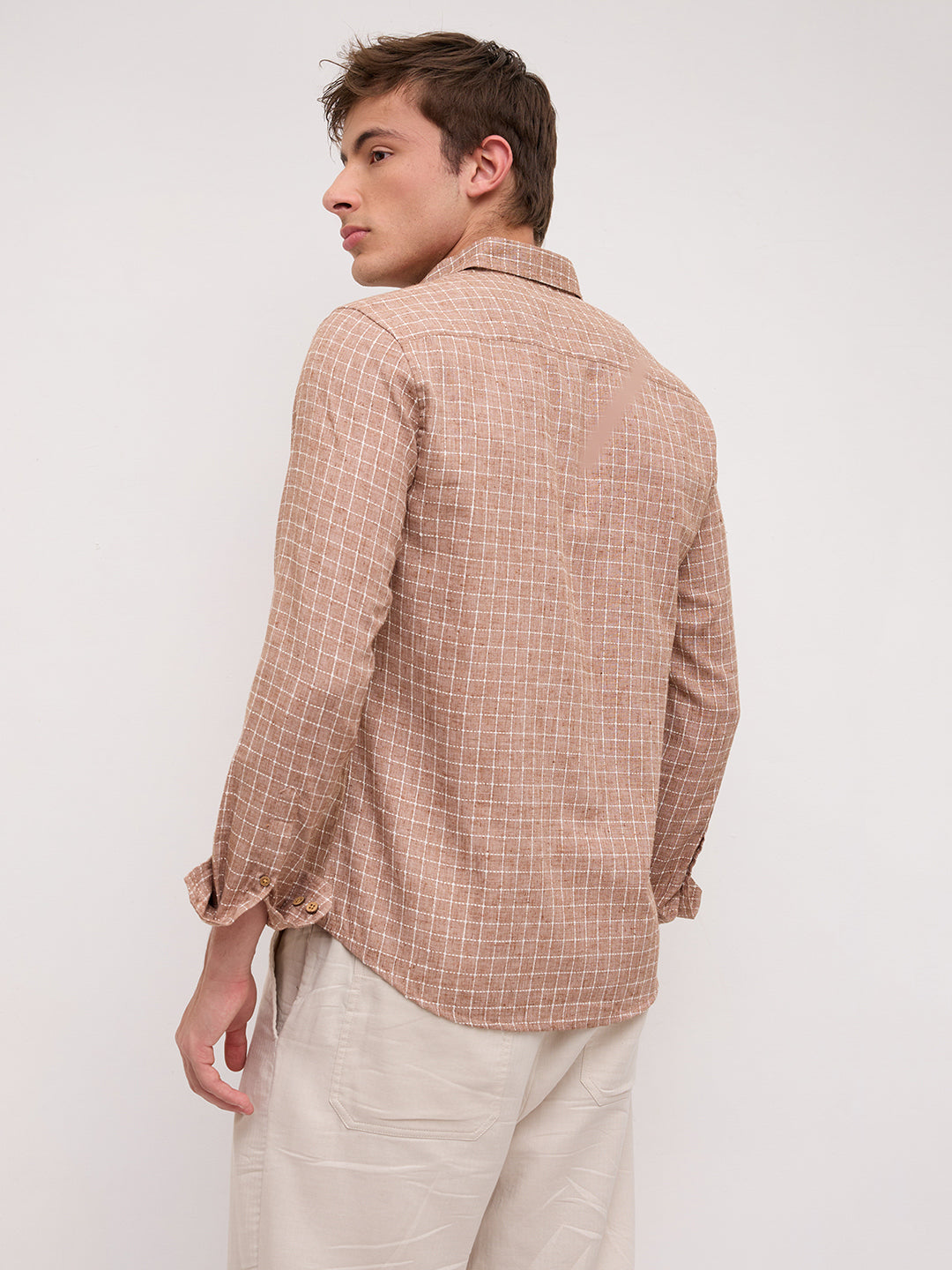 Rustic Brown Embroidery Grid Checks Shirt