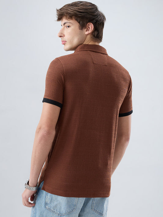 Brown Contrast Polo Neck Knit T-shirt