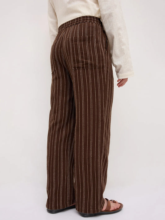 Intricate Coffee Brown Striped Straight Leg Trousers