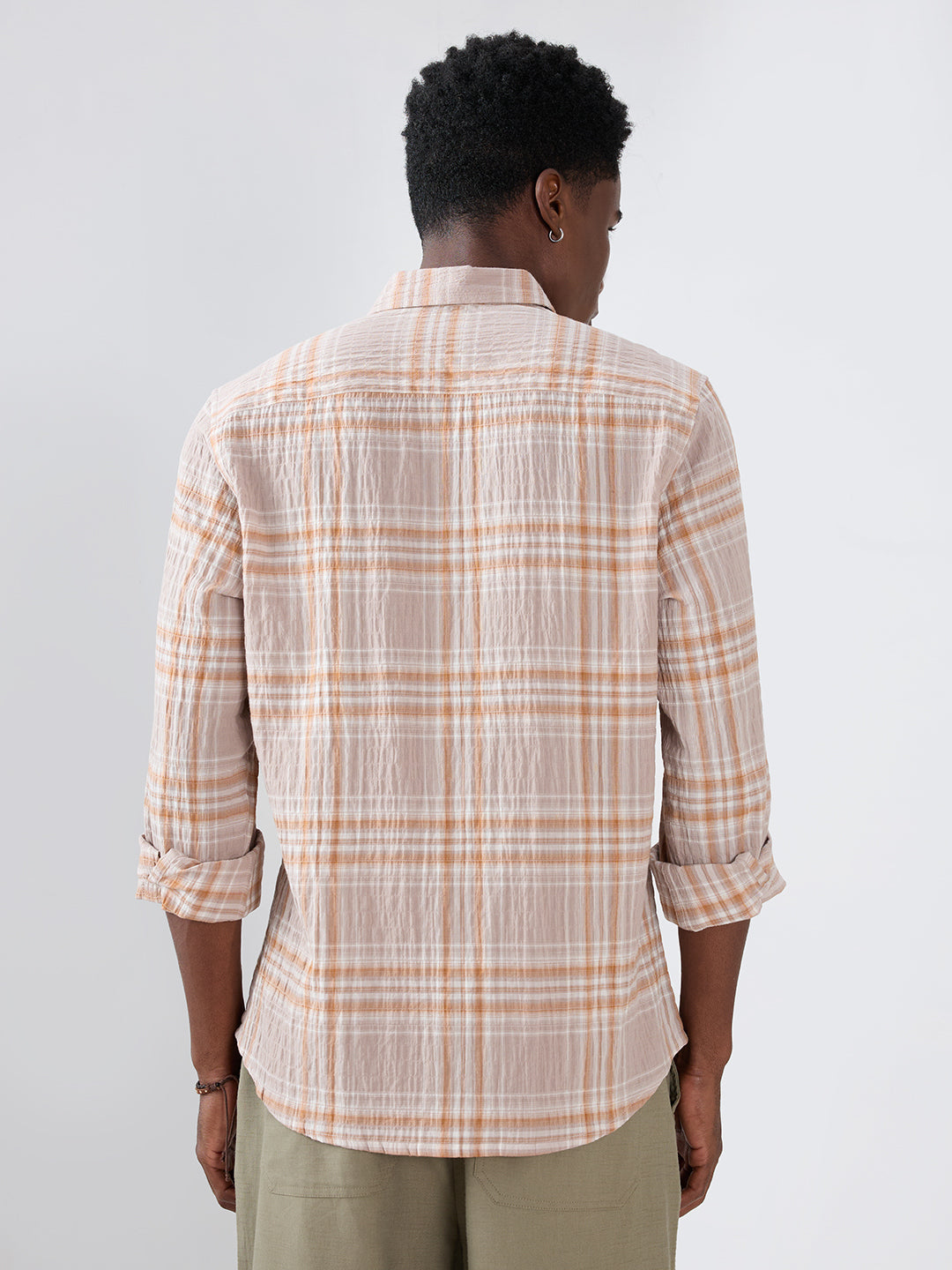 Grey & Rust Plaid Checks Crinkled Shirt
