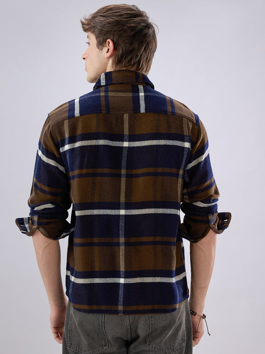 Walnut Brown & Navy Plaid Checks Double Pocket Flannel Shirt