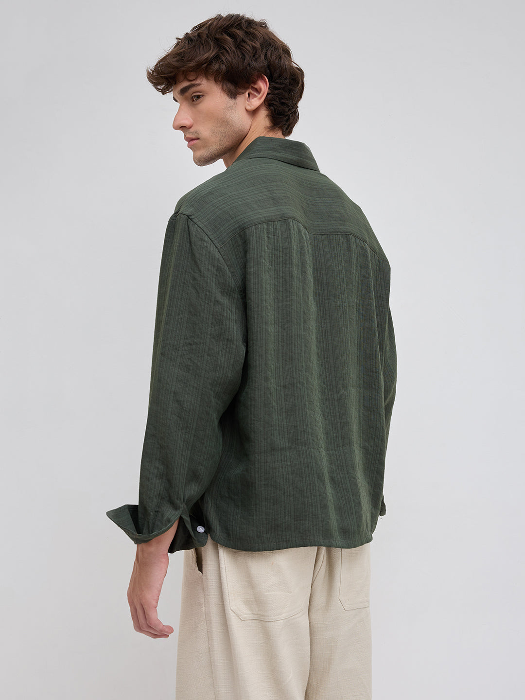 Olive Pin Striped Crinkled Boxy Fit Crop Shirt