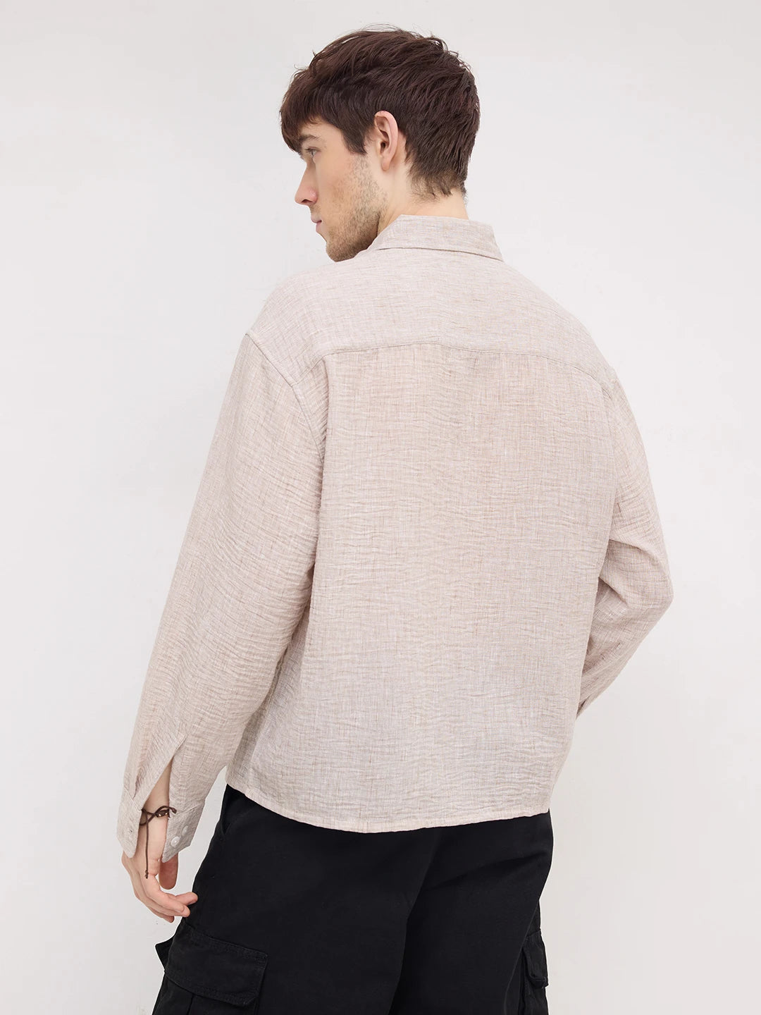 Tan Beige Fine Textured Boxy Fit Crop Shirt