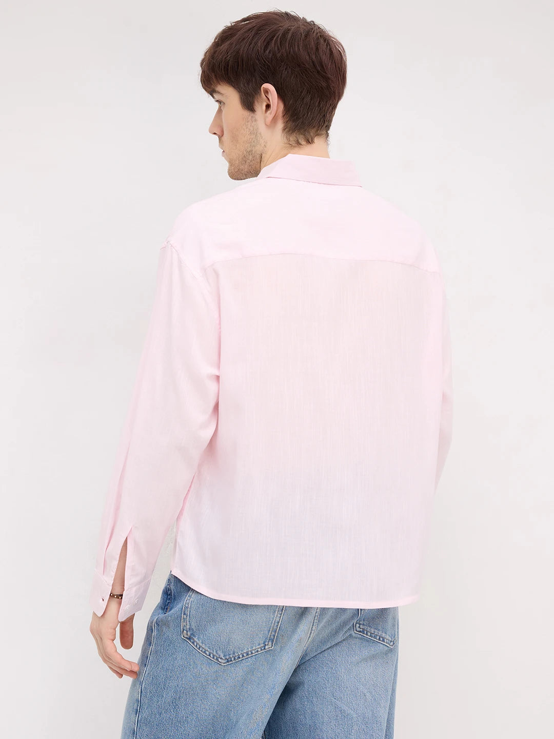 Charming Blush Pink Fine Textured Boxy Fit Crop Shirt