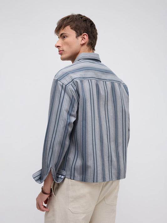 Slate Blue Multi Striped Boxy Fit Crop Shirt