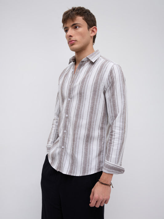 Saddle Brown & White Fine Striped Linen Blend Shirt
