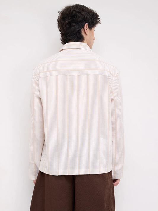 Luxe Beige Candy Striped Notch Collar Oversized Shirt