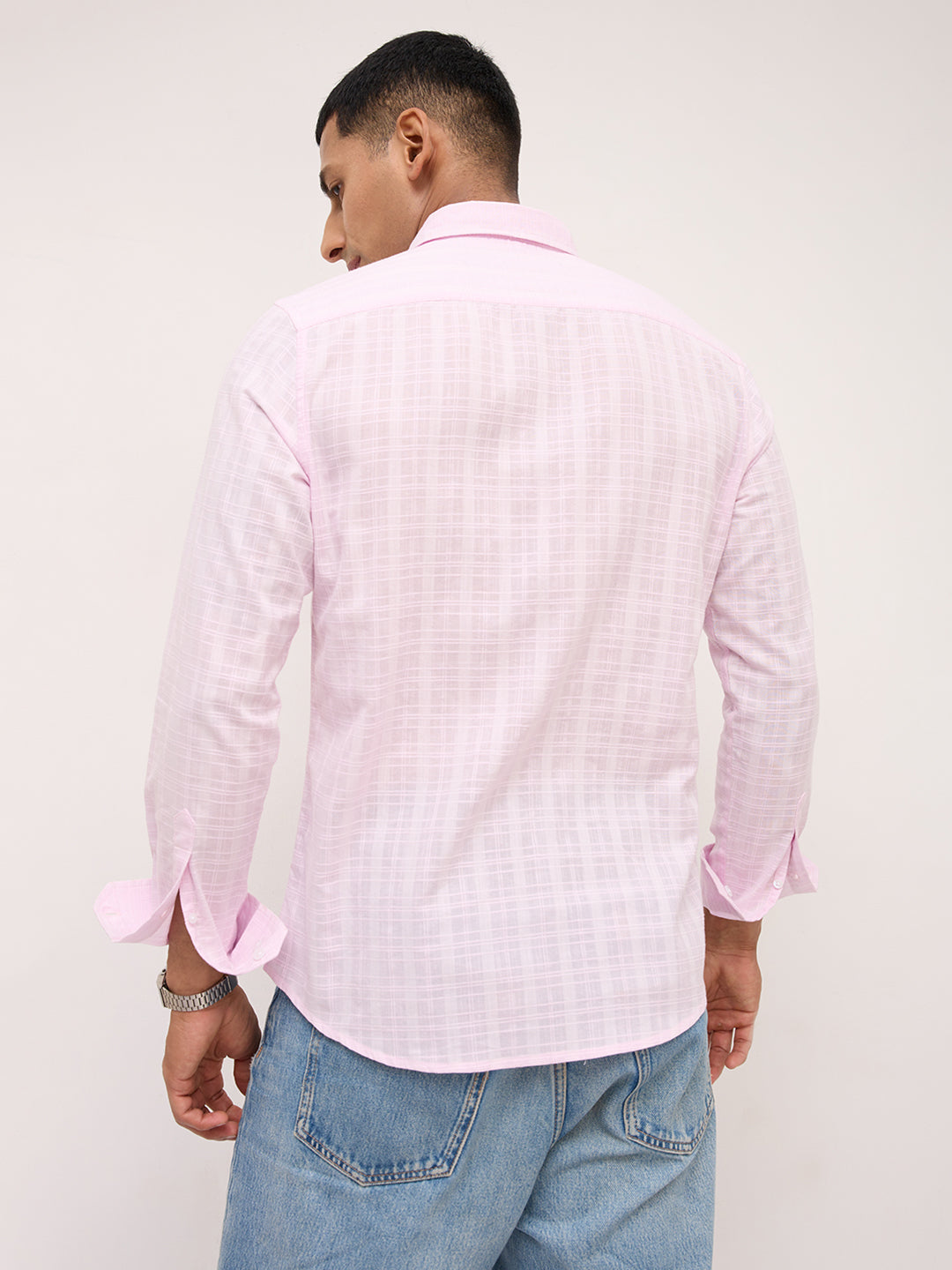 Soft Blush Pink Sheer Windowpane Checks Textured  Weave Shirt