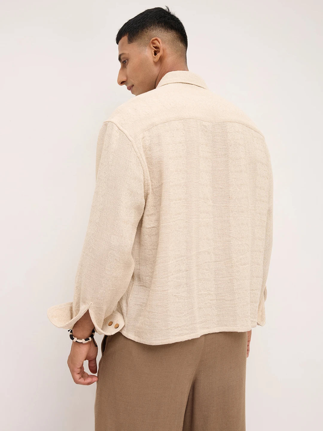 Exquisite Burlap Beige Striped Textured Boxy Fit Crop Shirt