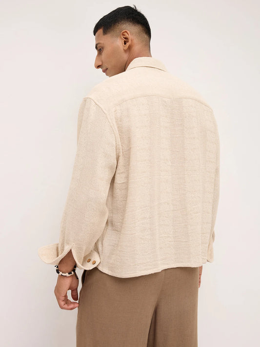 Exquisite Burlap Beige Striped Textured Boxy Fit Crop Shirt