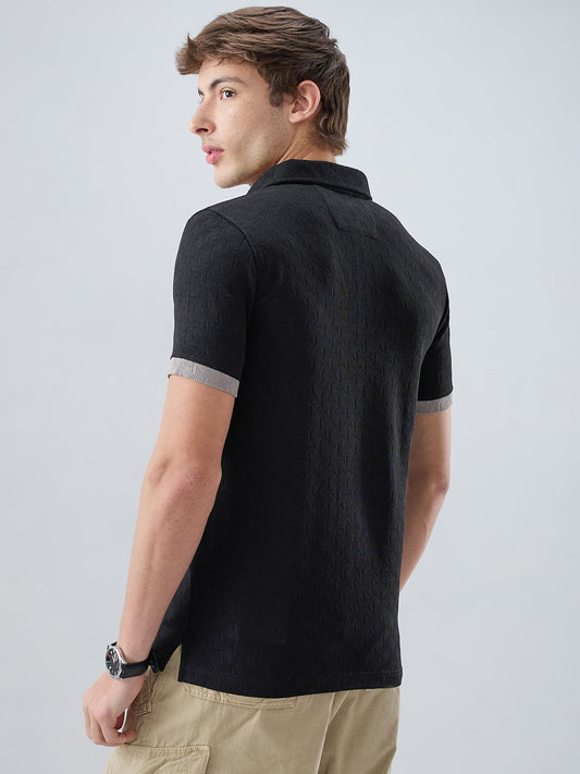 Rich Black Textured Contrast Polo Neck Knit T-shirt