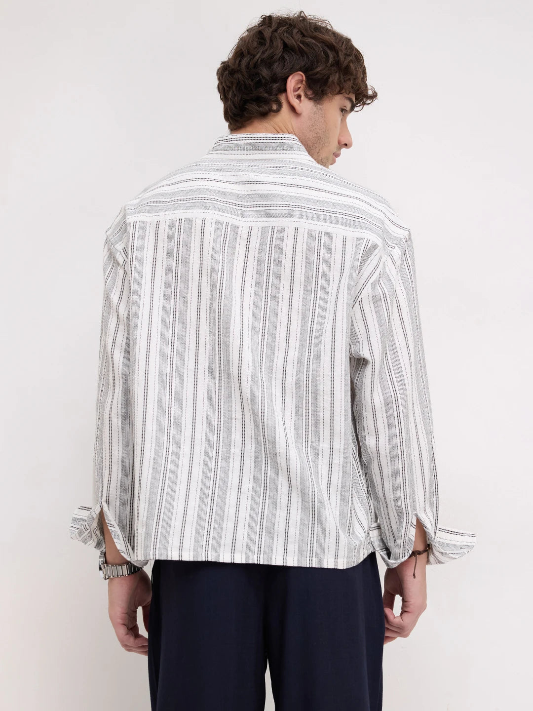 Refined Monochrome Striped Boxy Fit Crop Shirt