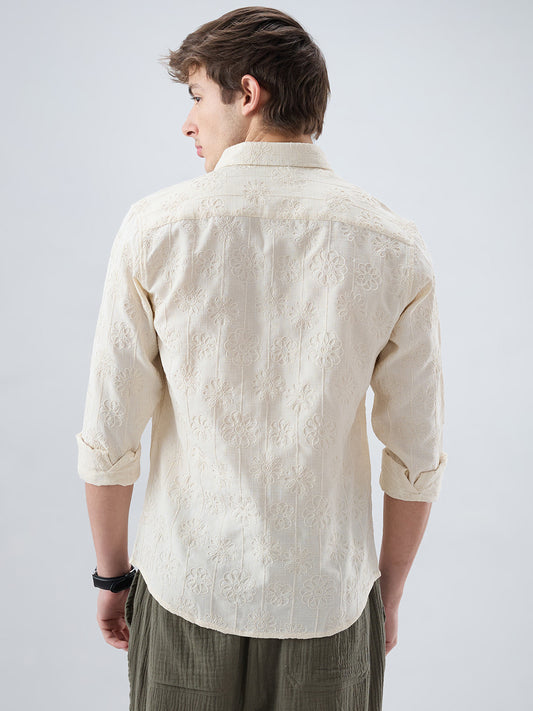 Serene Whispering Bloom Beige Embroidered Shirt