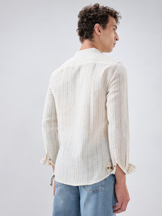 White & Beige Burlap Weaved Striped Kurta