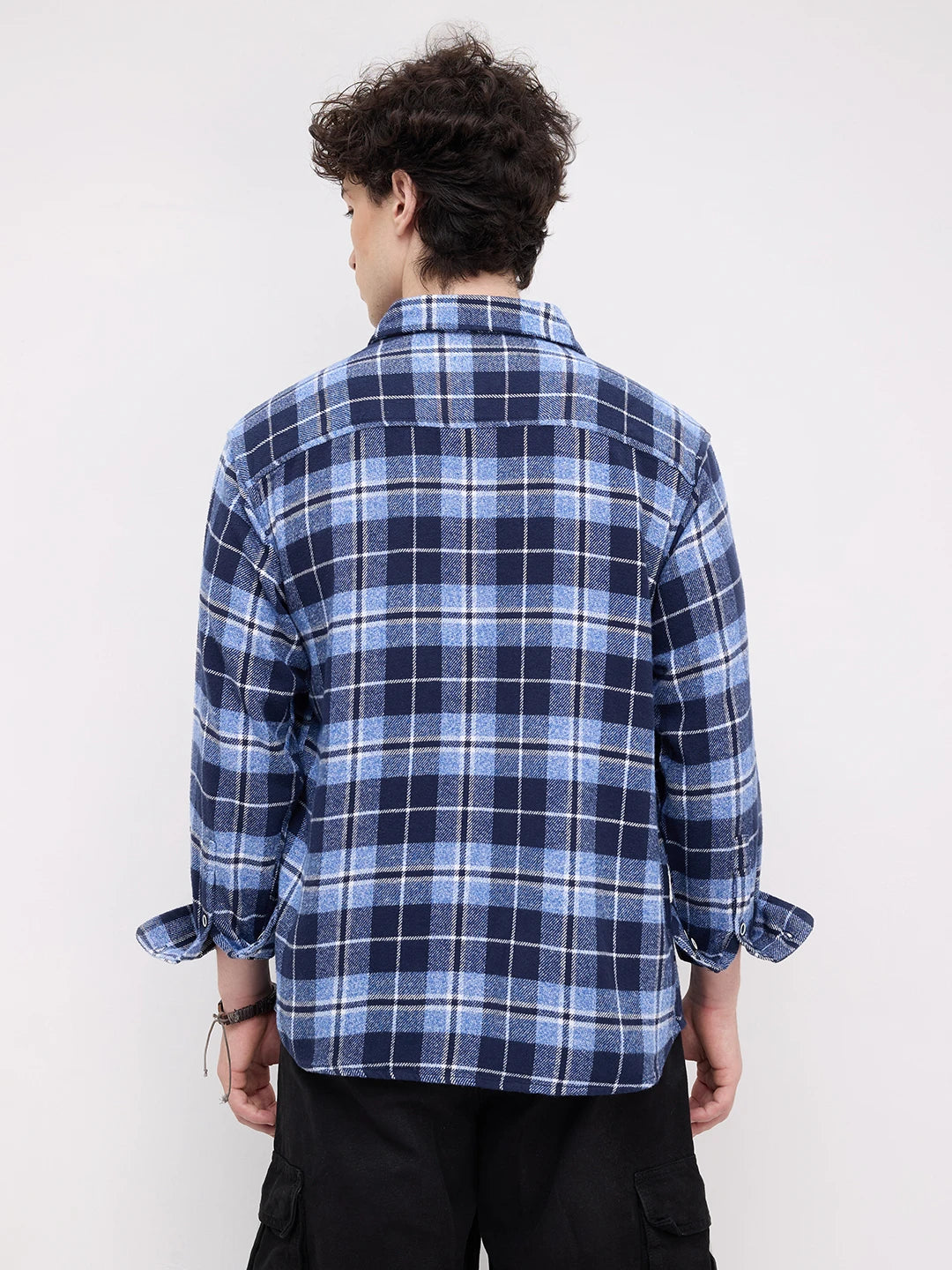 Blue Tartan Checkered Double Pocket Flannel Shirt
