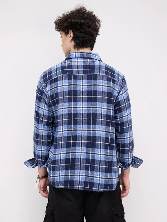 Blue Tartan Checkered Double Pocket Flannel Shirt