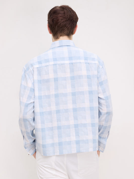 Arctic Blue Square Embossed Boxy Fit Crop Shirt