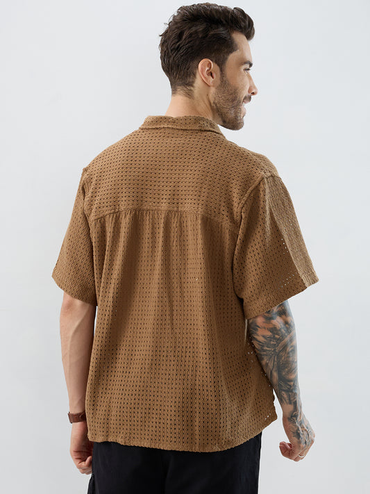 Tawny Brown Crochet Oversized Polo Shirt
