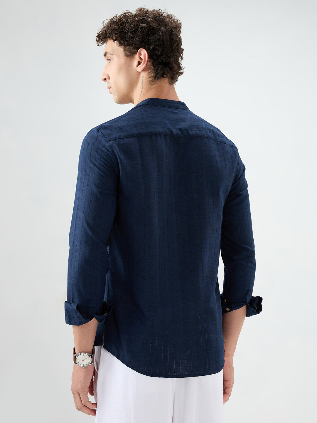 Navy Ladder Striped Subtle Textured Kurta