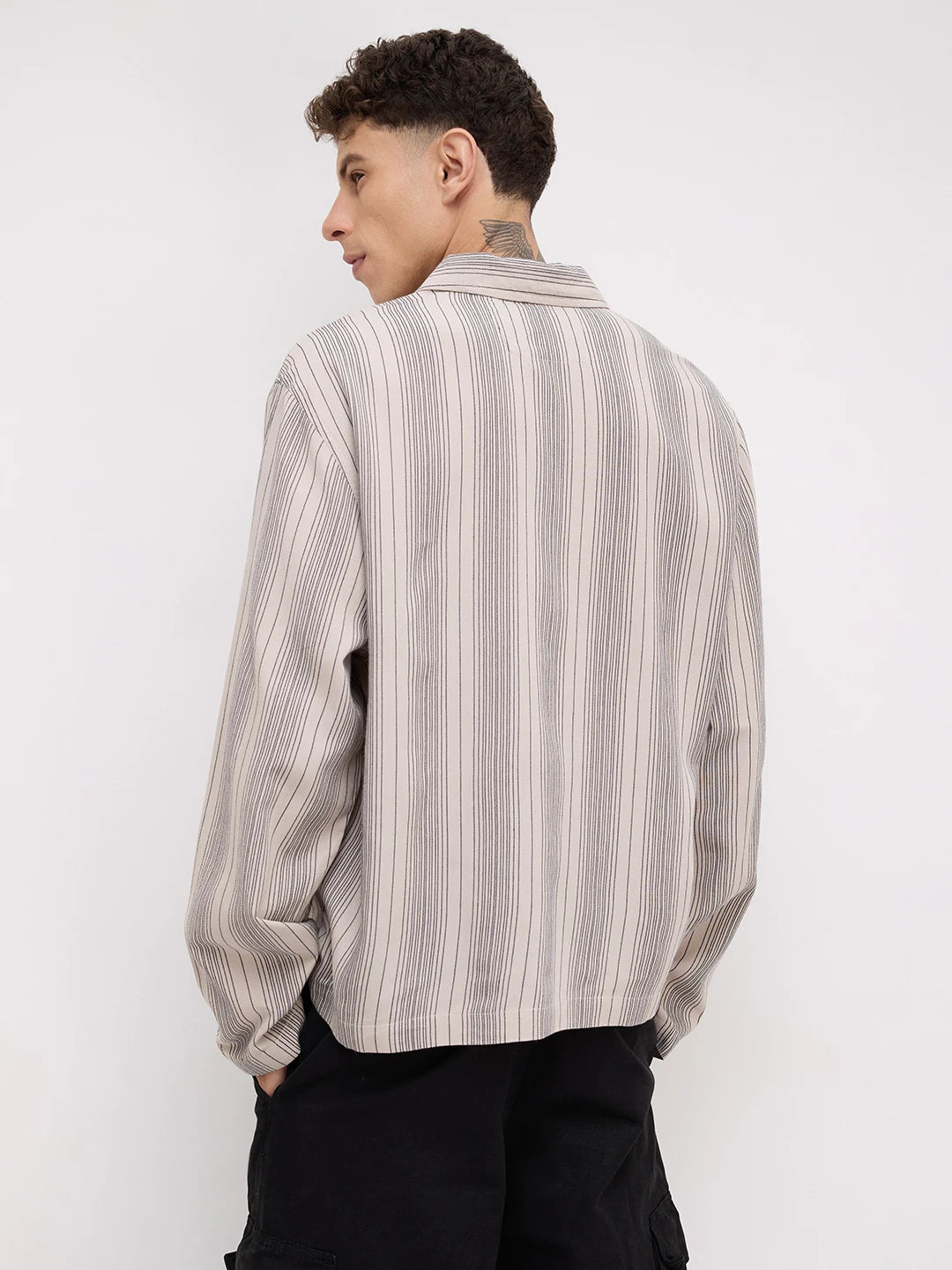 Soft Taupe Beige Striped Cuffless Oversized Shirt