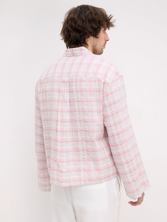 Peachy Pink & Grey Plaid Checks Oversized Cuffless Crop Shirt