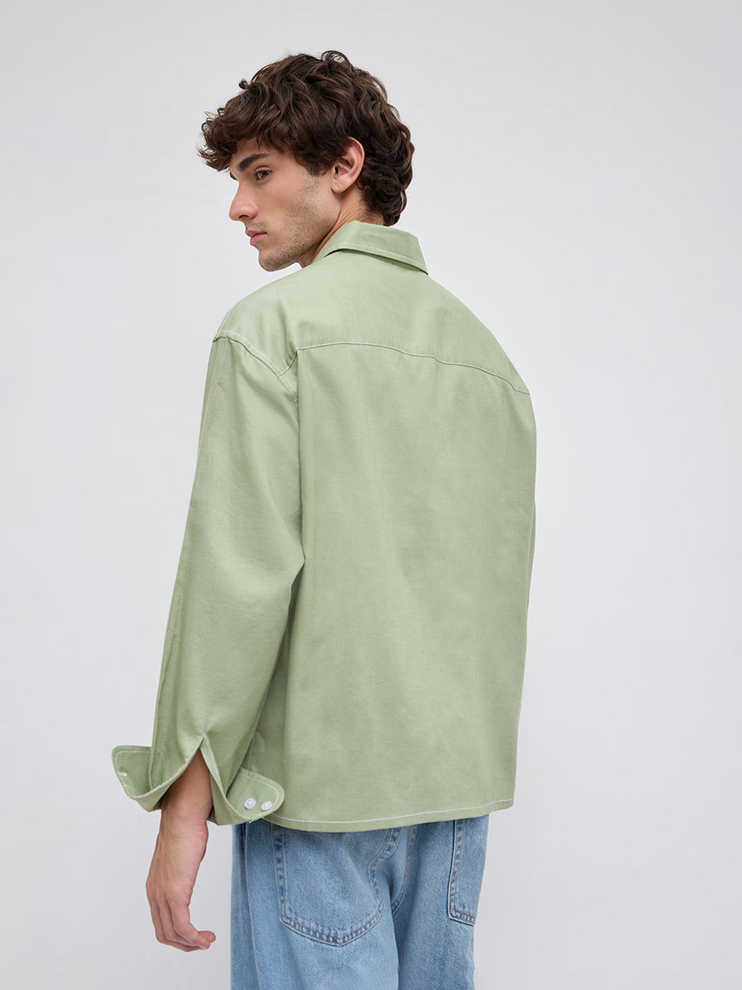 Sage Green Contrast Stitch Boxy Fit Crop Shirt