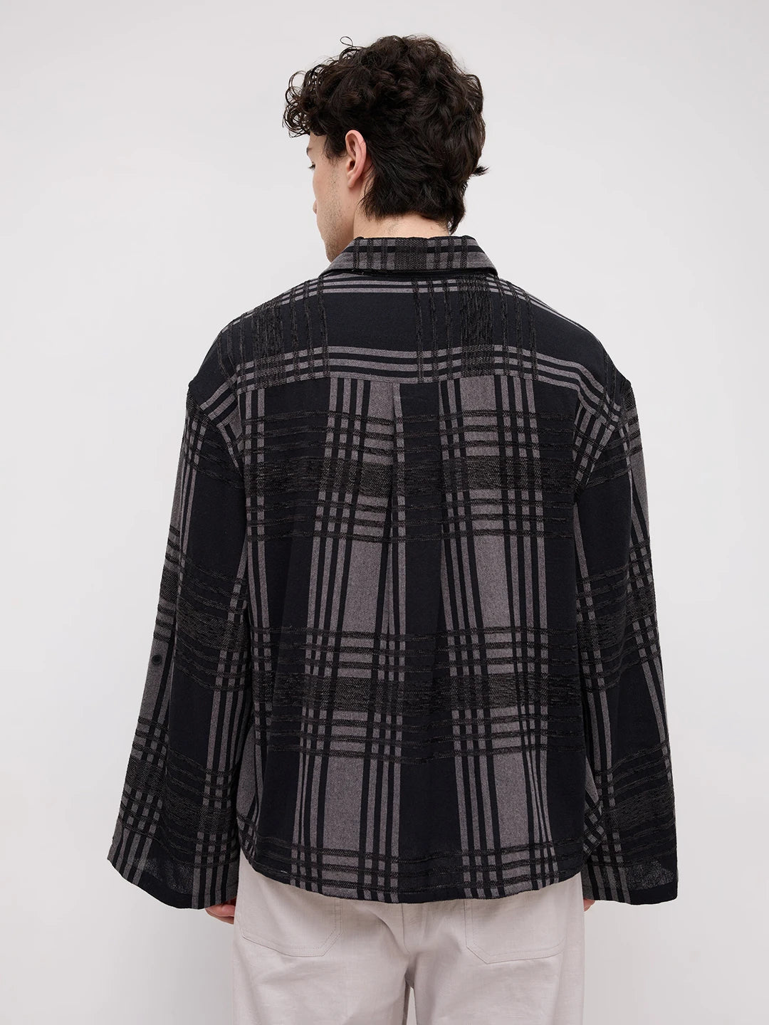 Grey & Black Raised Plaid Checks Cuffless Oversized Crop Shirt