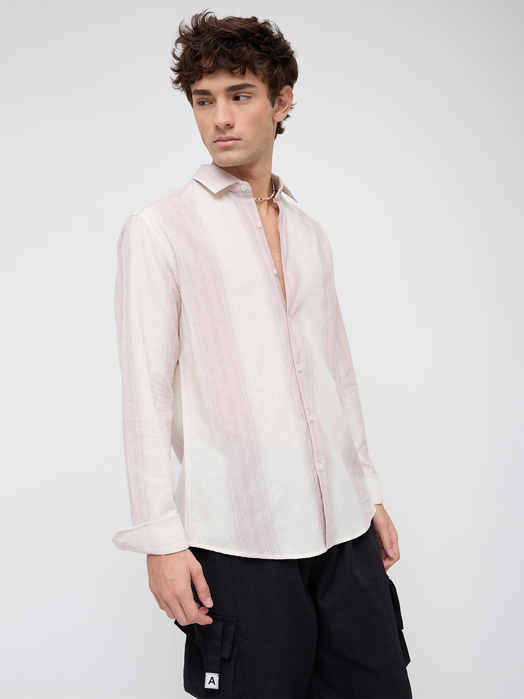 Luxe Misty Pink Refined Striped Linen Blend Shirt