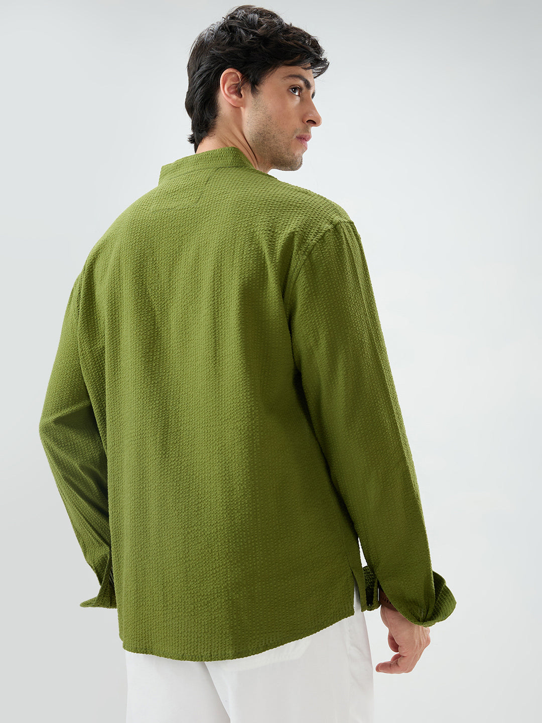Basil Green Seersucker Striped Stand Collar Oversized Shirt