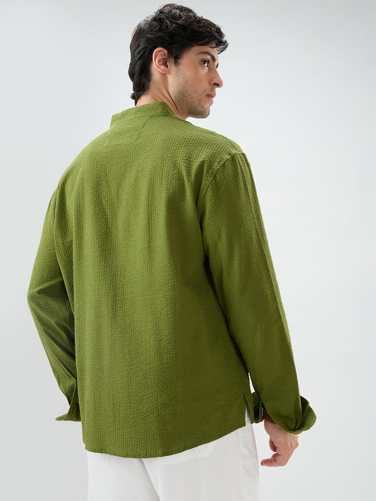 Basil Green Seersucker Striped Stand Collar Oversized Shirt