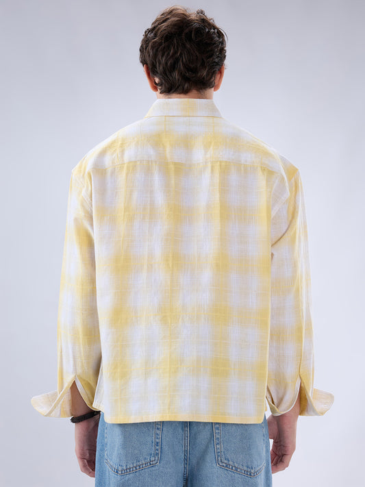 Sun Yellow Slub Grid Checks Boxy Fit Crop Shirt