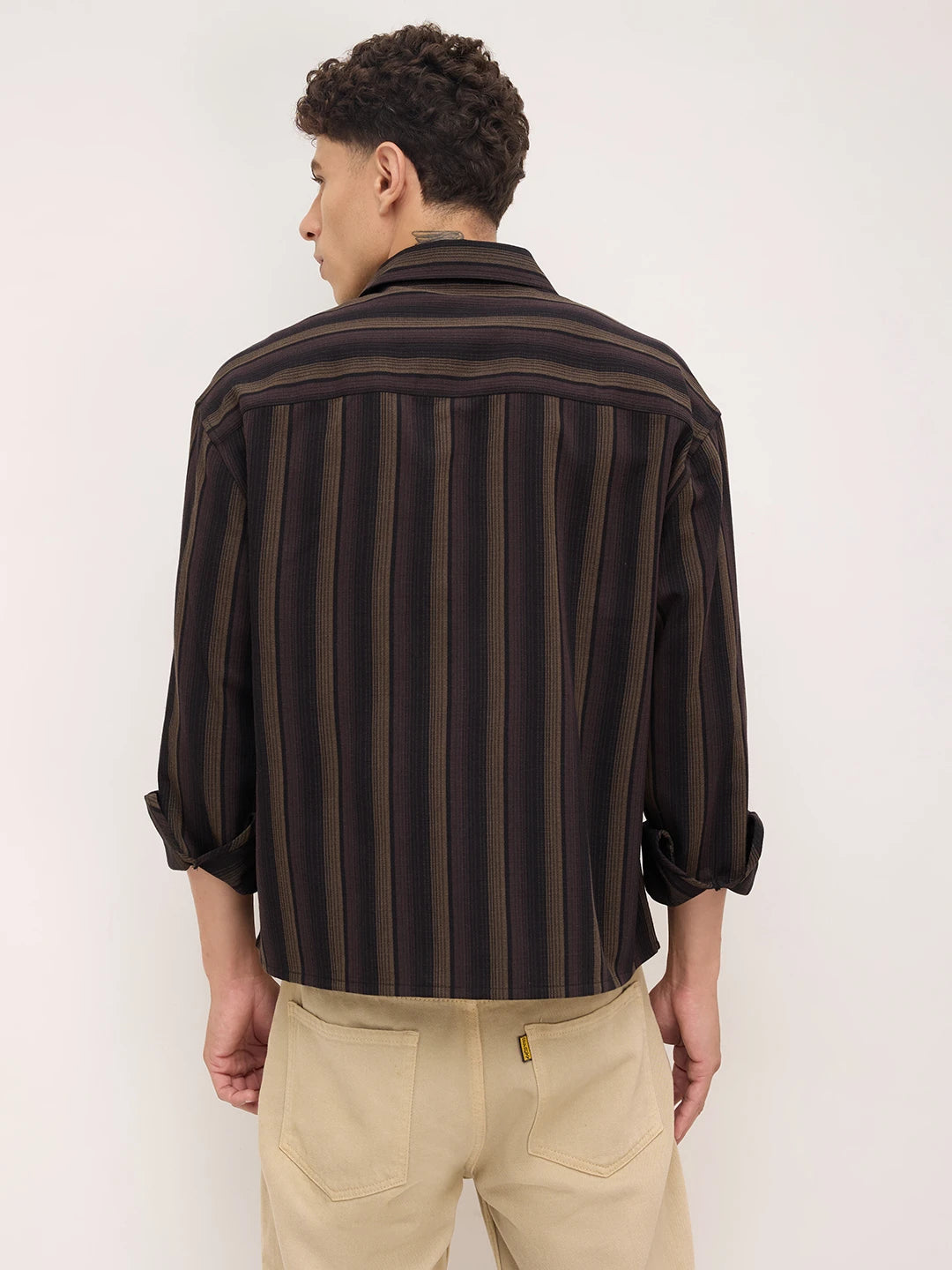 Twilight Brown Multi-Striped Boxy Fit Crop Shirt